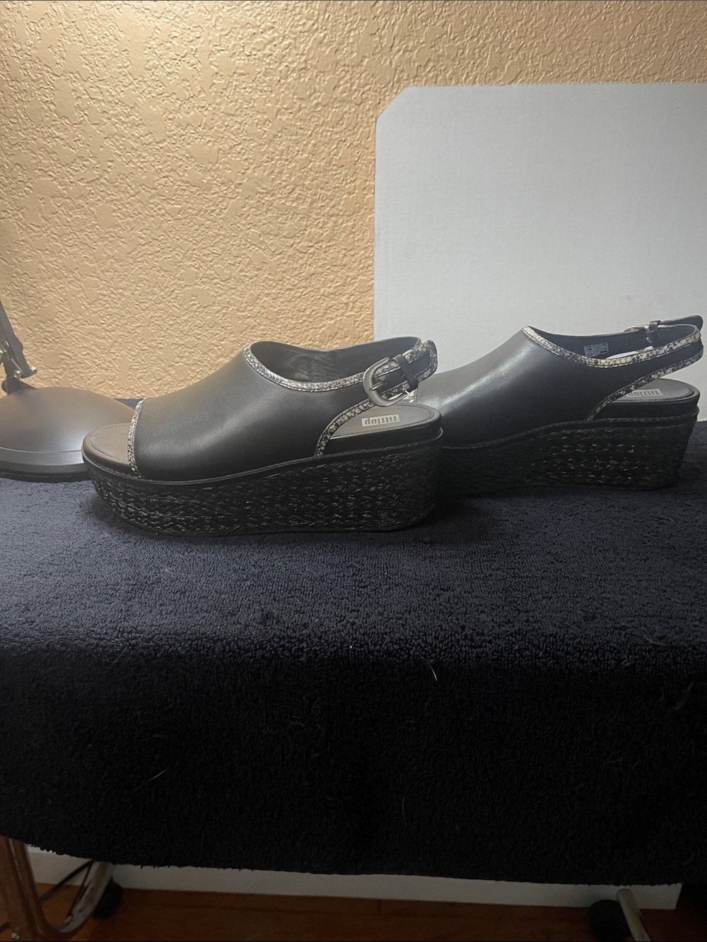 FitFlop Black Wedge Slingback Sandals with Silver Trim